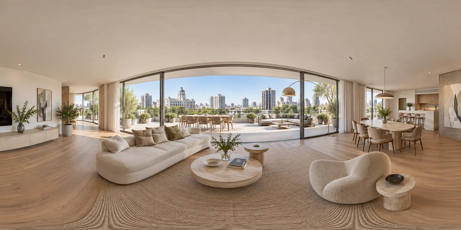 Vista 360° de un departamento contemporáneo con terraza.