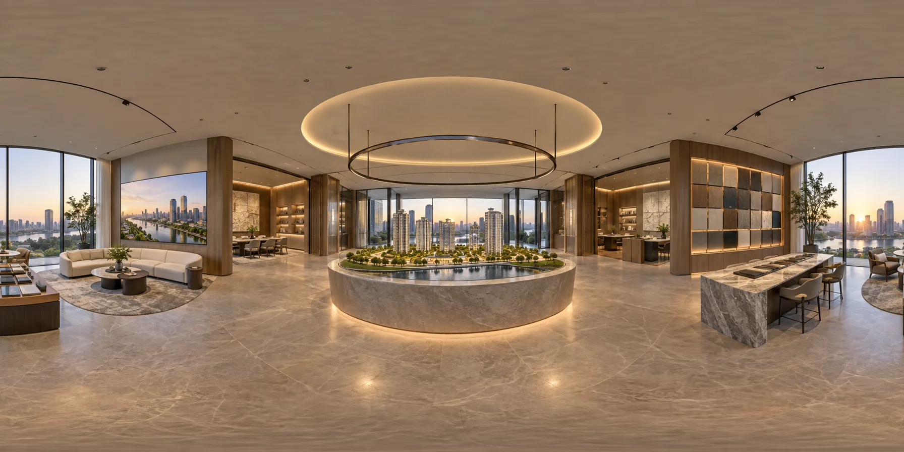 Vista 360° de una galería de ventas de un desarrollo residencial.
