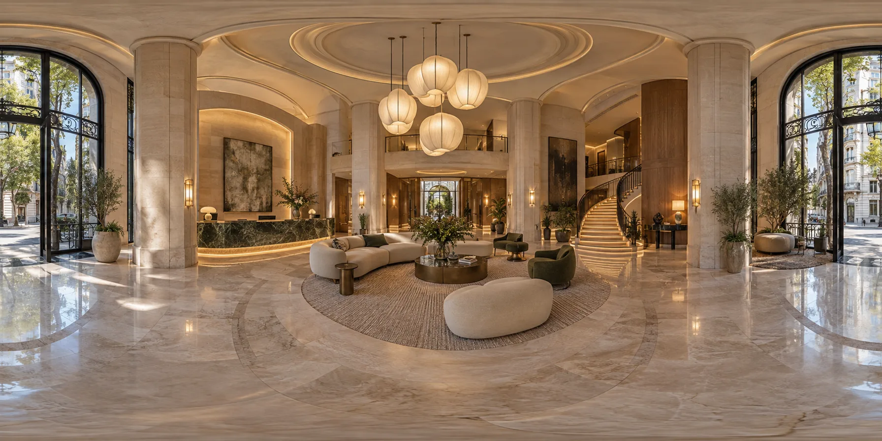 Vista 360° de un lobby de hotel de lujo.