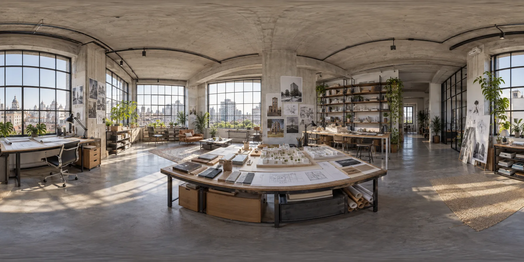 Vista 360° de un estudio de arquitectura contemporáneo.
