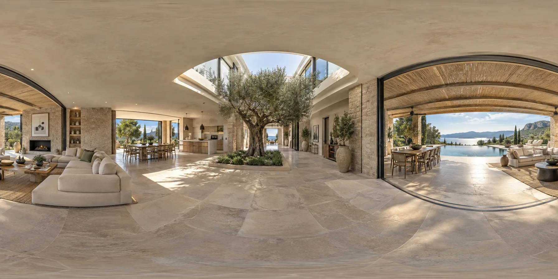 Vista 360° de una casa de lujo con galería y pileta.