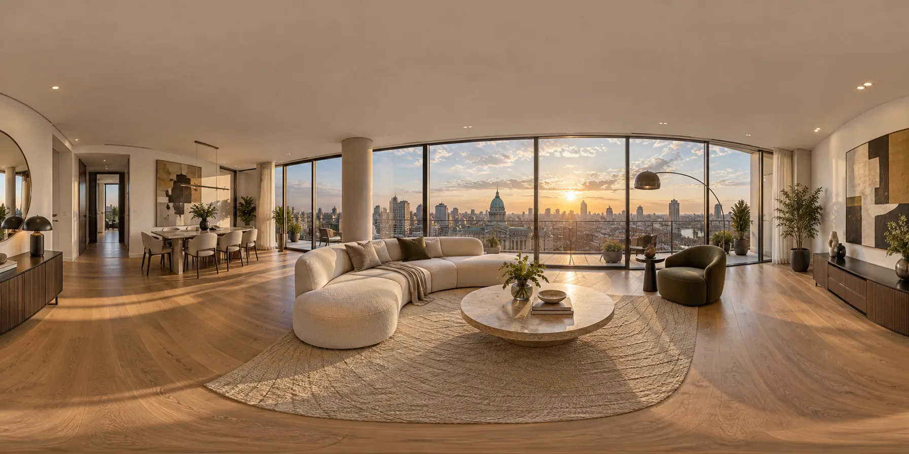 Vista 360° de un living de diseño contemporáneo.