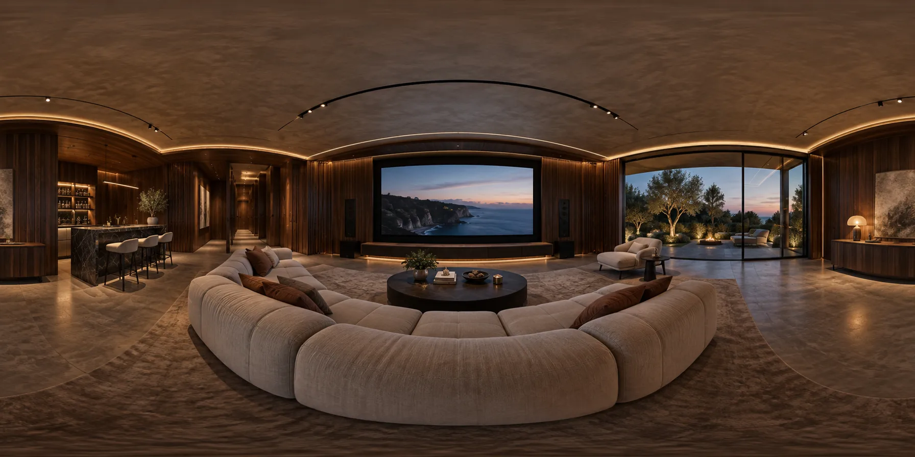 Vista 360° de una sala multimedia de una residencia de lujo.