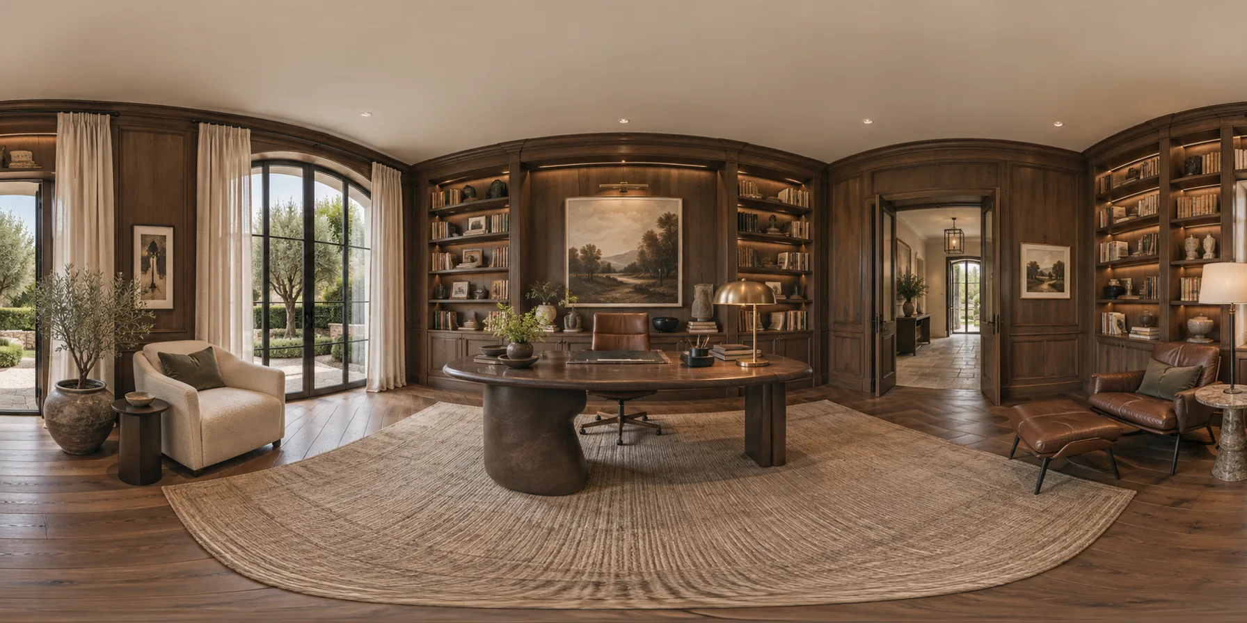 Vista 360° de una biblioteca y oficina de una vivienda premium.